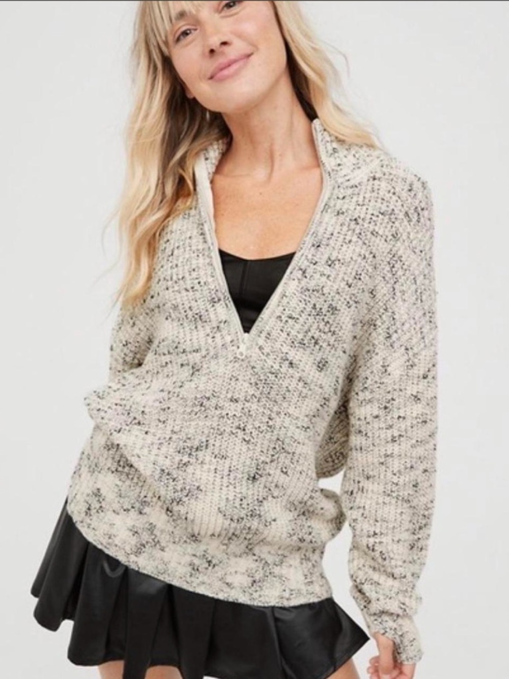 aerie Marled Quarter-Zip Pullover - Cream with Black Fleck